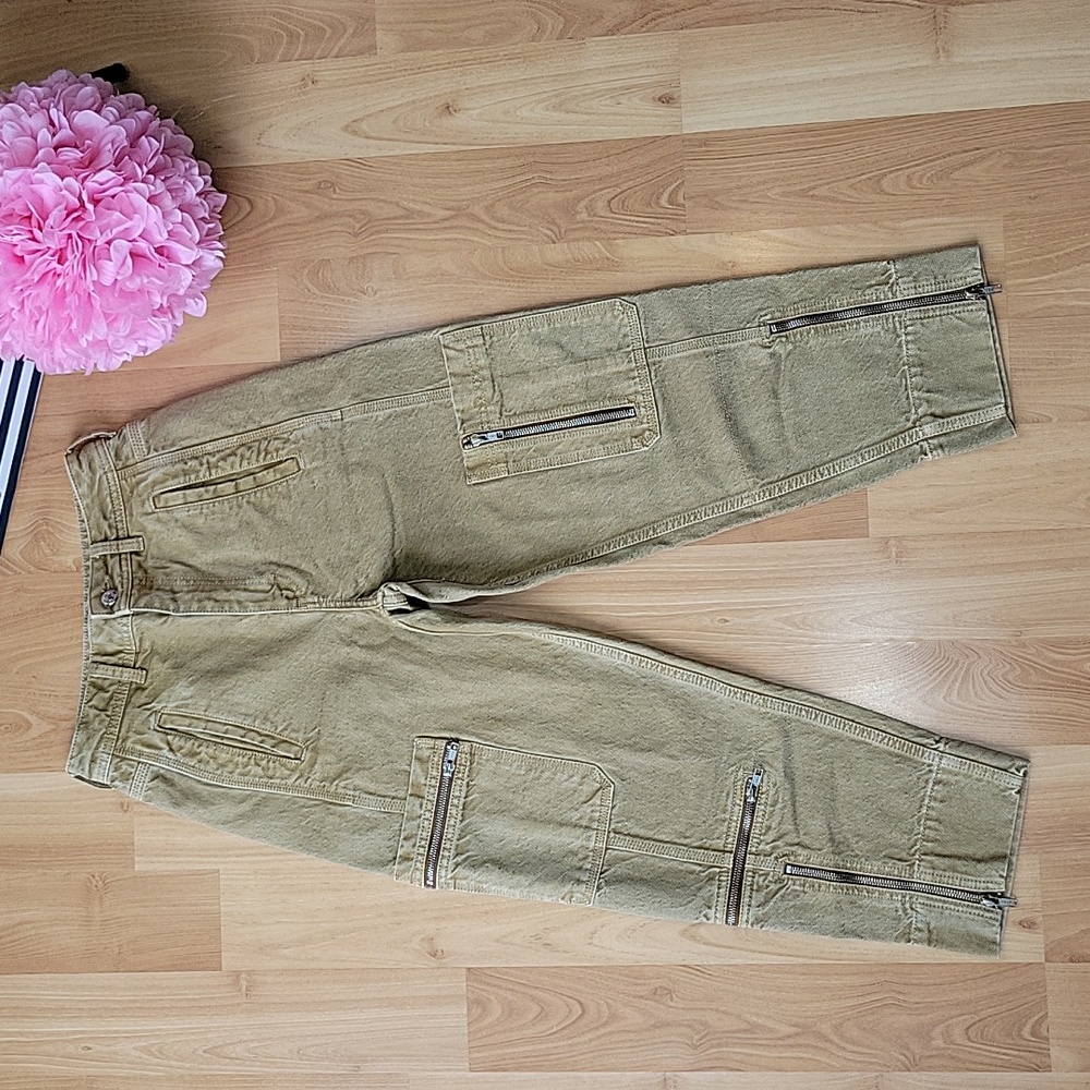 TopShop High Rise Cropped Zippered Khaki Cargo Jeans